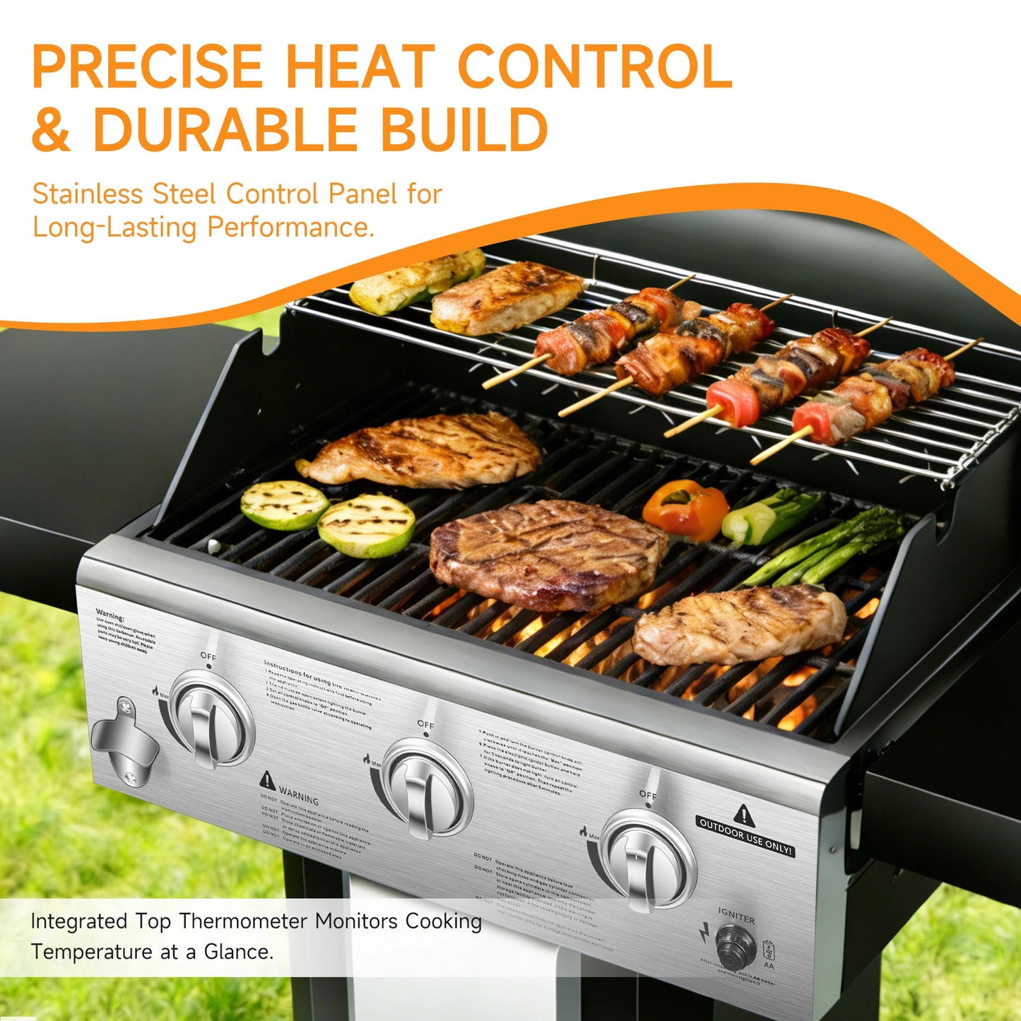 3-Burner Propane Gas Grill with Warming Rack, 30,000 BTU Outdoor BBQ Grill, Foldable Side Tables, Tool Hooks & Easy-Roll Wheels