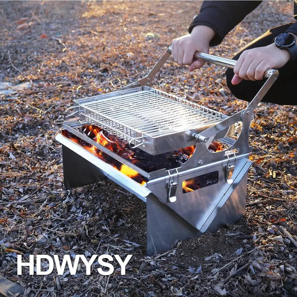 Portable 360-Degree Rotating Charcoal Grill with Lipped Basket - 304 Stainless Steel Smoker for Camping and Outdoor Adventures,