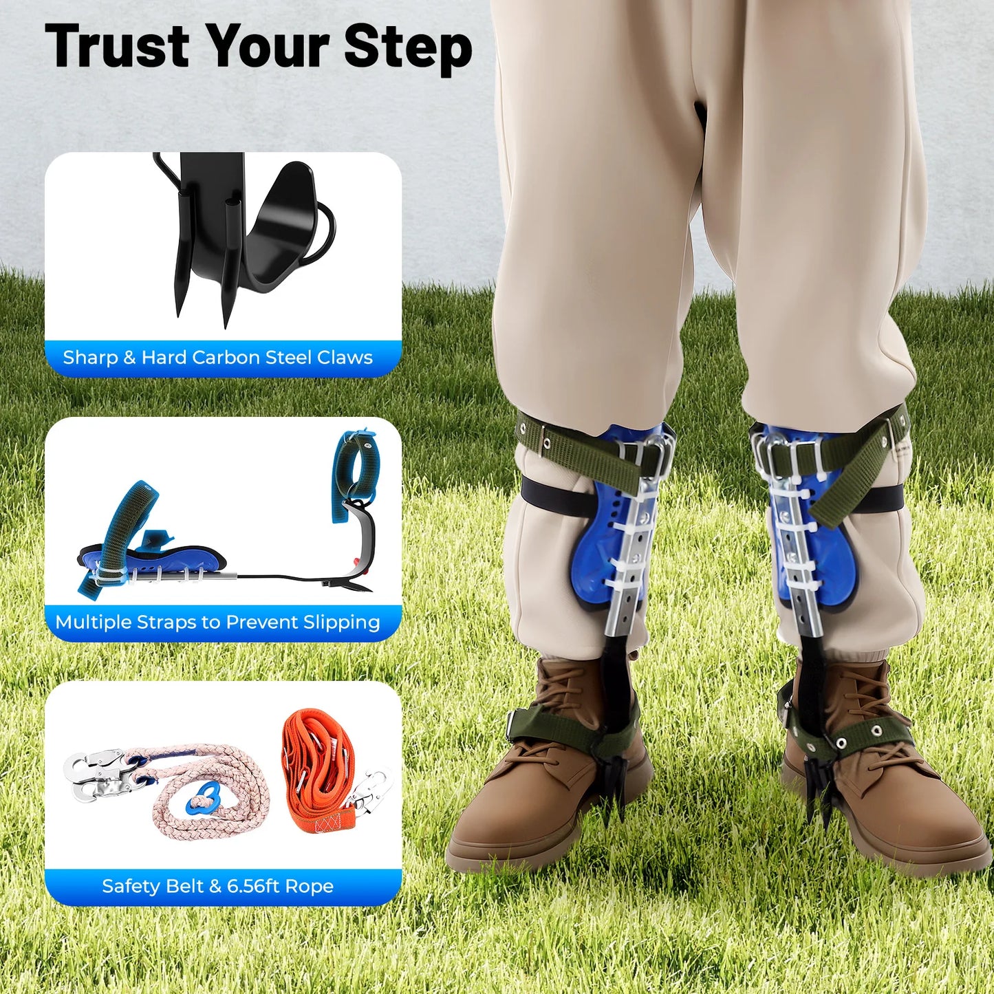 Tree Climbing Spikes Set Adjustable Q235 Steel 330lbs Load Capacity With Safety Rope Belt And Anti Skid Pedal Hunting Outdoor