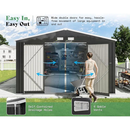 12x20x7.2ft Outdoor Metal Storage Shed with 2 Clear Panels, Double Hinged Doors, Windows, and Vents for Backyard Workshop