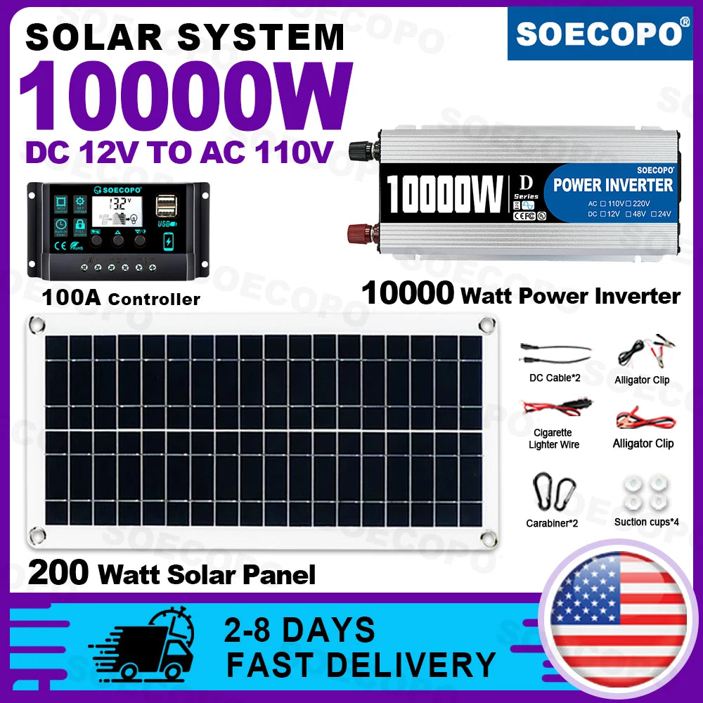 10000W Solar System Complete Kit 12V To 110V 100A Controller 200W Panel Off-Grid Inverter System Home/Camping