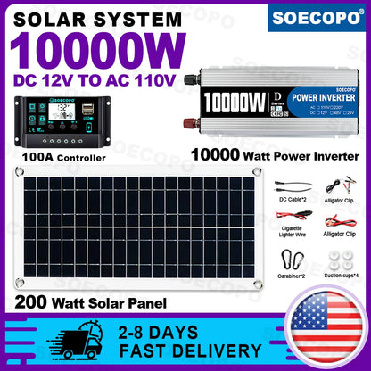 10000W Solar System Complete Kit 12V To 110V 100A Controller 200W Panel Off-Grid Inverter System Home/Camping