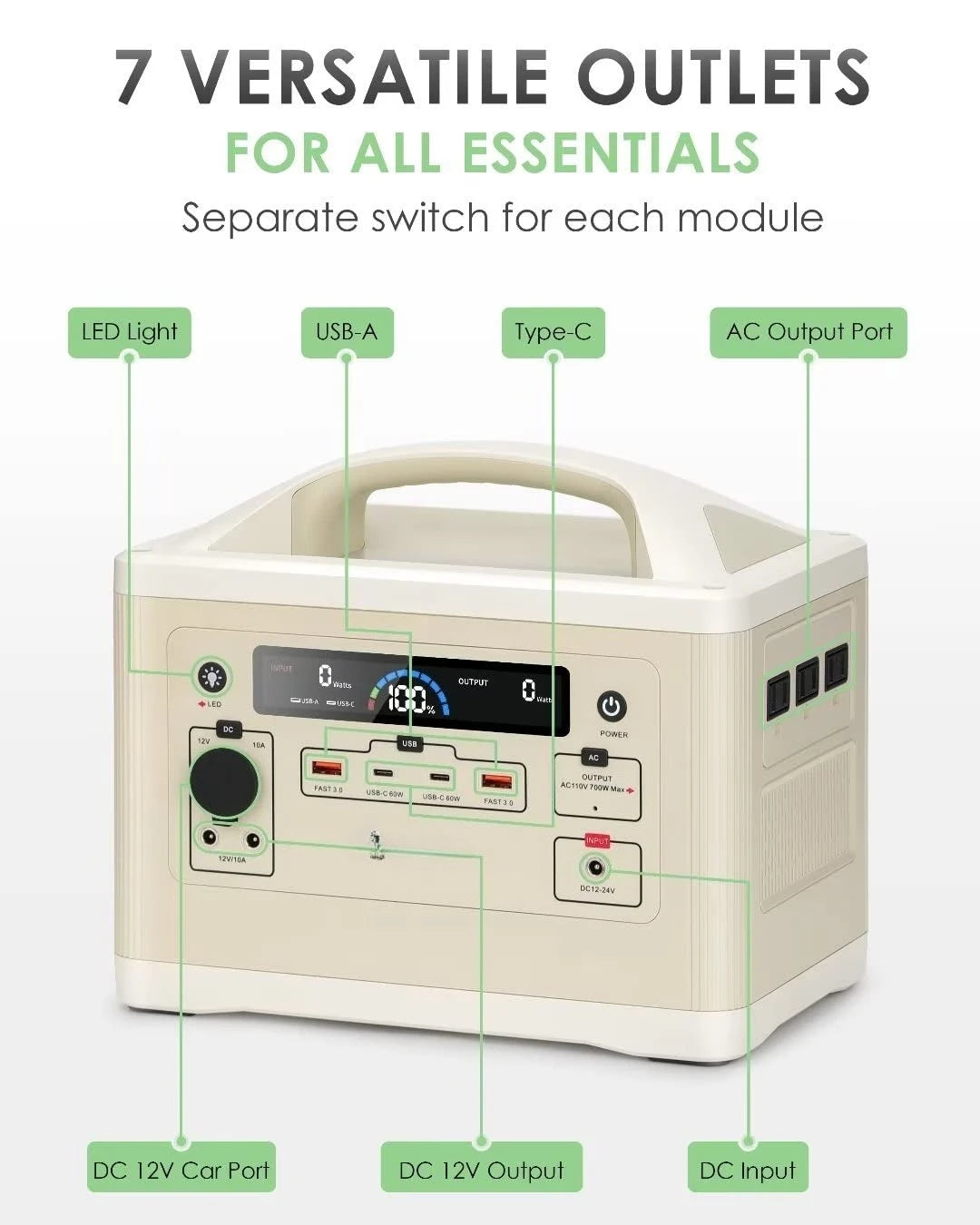 Solar Generator for Outdoor Camping, 3 x 110V/700W