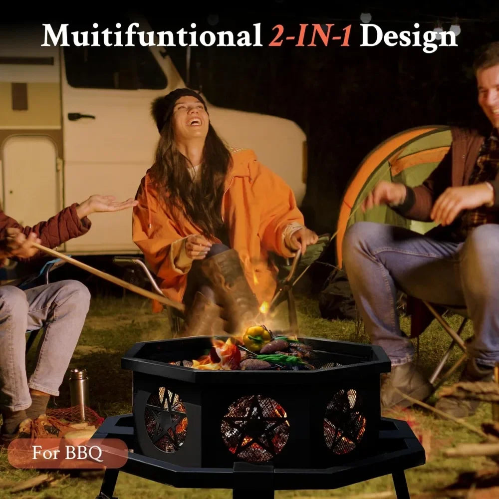 35 Inch Octagonal Fire Pit with Cooking Grill,Outdoor Wood Burning Fire Pit for Camping Outside Picnic Bonfire,Customized