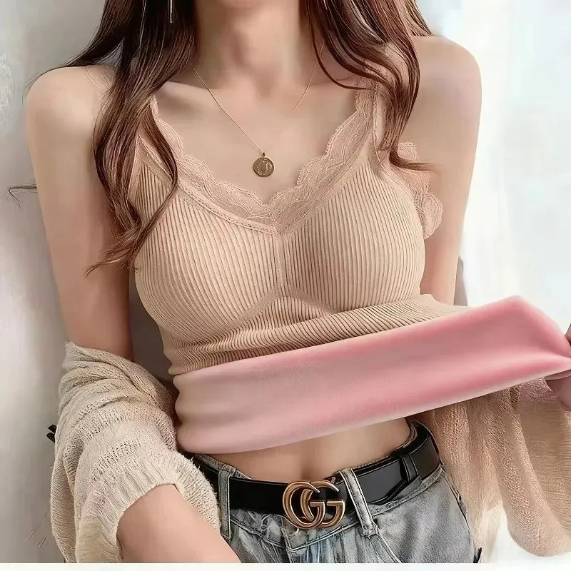Thermal Underwear Inner Vest For Women Warm Winter Sexy Lace Sleeveless Tank Tops Padded Bra Thermo Thick Slimming Undershirt