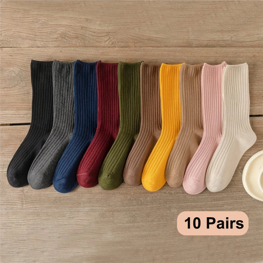 10Pairs Retro Women Cotton Loose Socks Autumn Winter Knitting Solid Color Long Black Pink Student Girls Sock US5-9