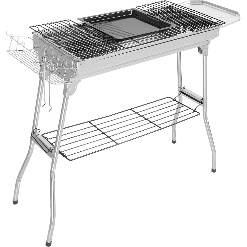 Stainless Steel Foldable Charcoal Barbecue Grill, Portable for Outdoor Camping Hiking Picnic Tailgating, Silver 39.3"x12.2"x27.9