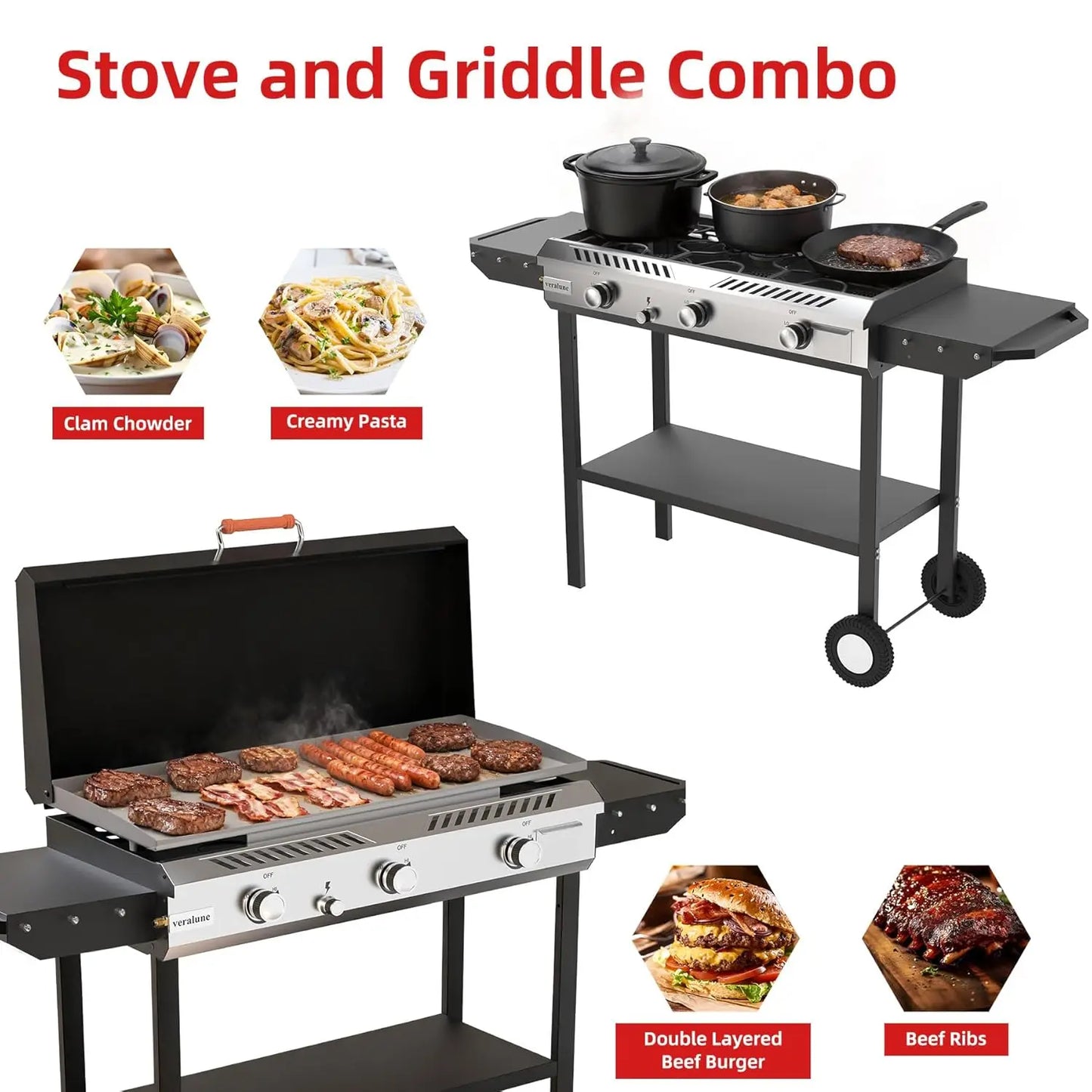 225,000 BTU Flat Top Griddle Grill with Auto Ignition Button, 3 Burner Propane Stove with Griddle, Outdoor Gas, Customized