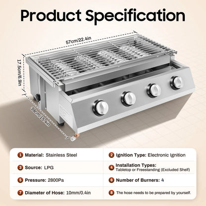 4 Burners BBQ Propane Gas Grill Removable Smokeless Barbecue Grill Portable BBQ Grill for Outdoor Patio Garden