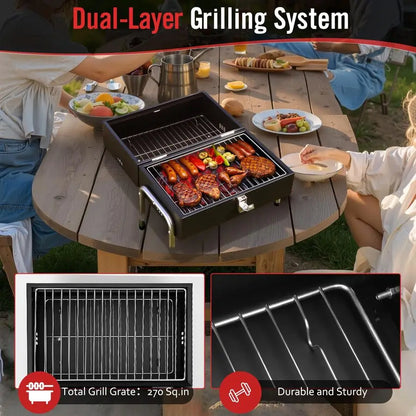 Charcoal Grill, Table Top Small BBQ Grill For Outdoor, Camping, Beach, Easy Assembly, Heavy Duty amp MultiUse Small Grill, Black