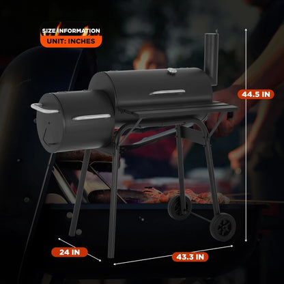 43 Inch Charcoal BBQ Grill with Offset Smoker, Portable Outdoor Camping Grill for 6-10 People, Patio Backyard Picnic