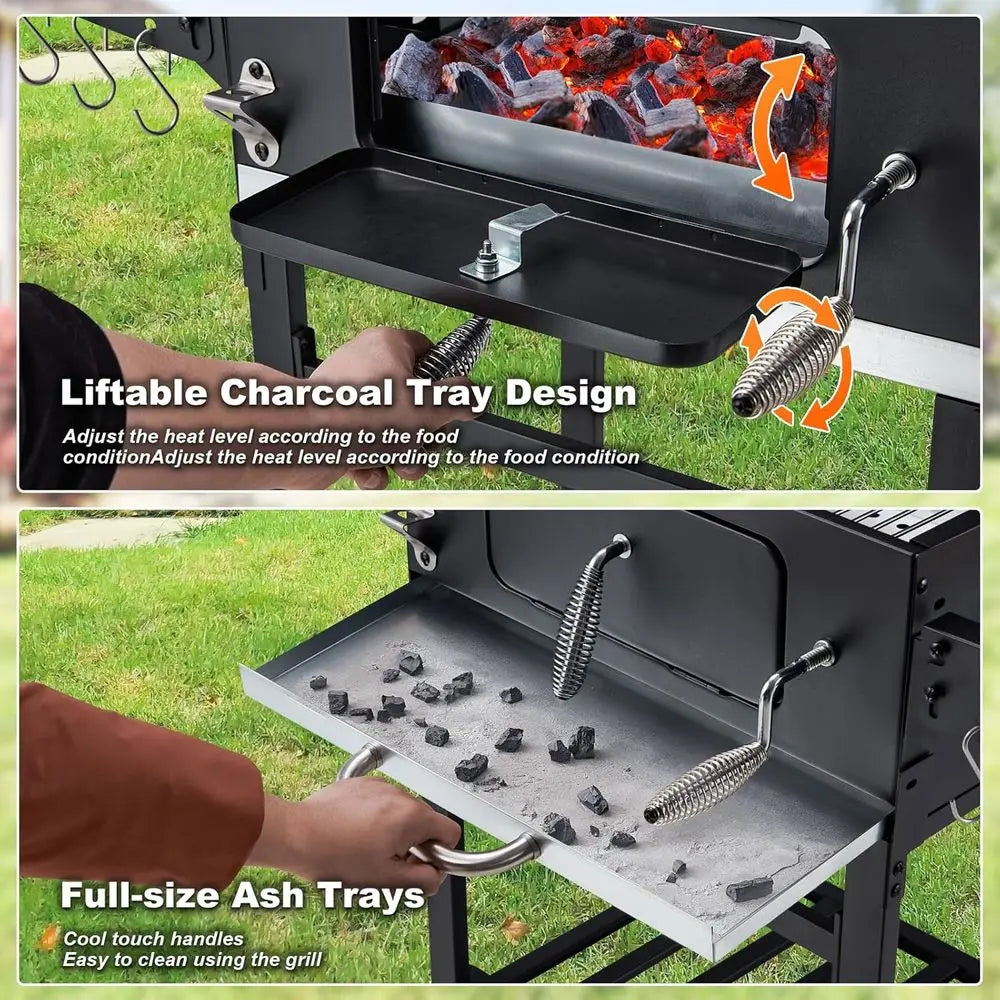 Portable Wood-Burning Grill with Side Table, 338 Sq. In. BBQ Area, Adjustable Charcoal Racks, and Thermometer for Outdoor Cookin