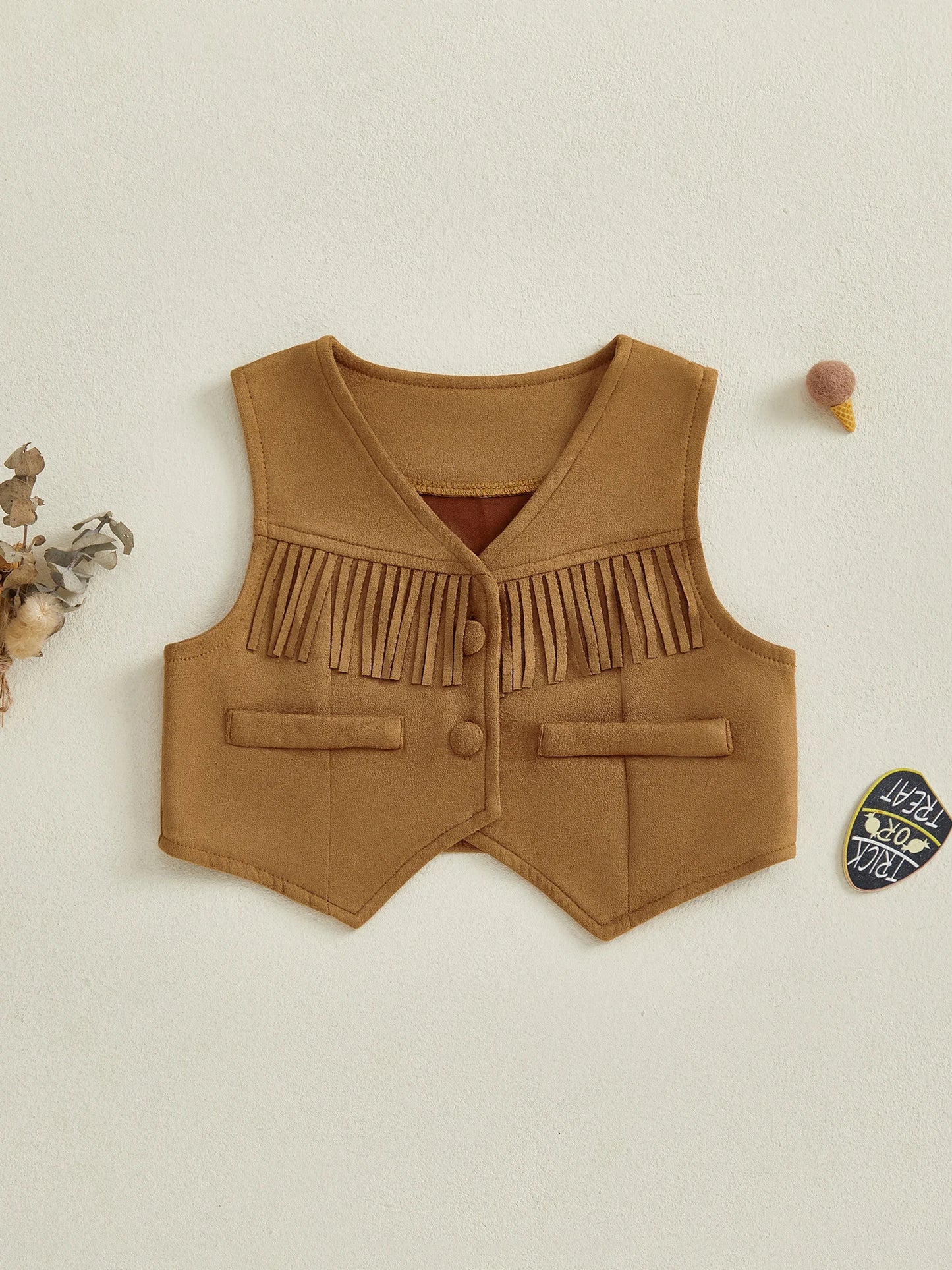Kids Faux Leather Fringe Vest Vintage Style Sleeveless Jacket Button Front Western Cowgirls Waistcoat V-Neck Toddler Boys Girls