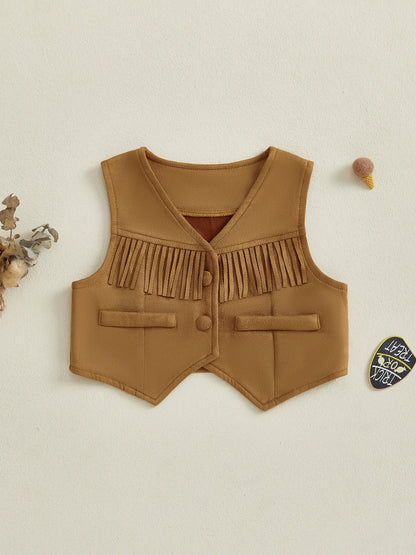 Kids Faux Leather Fringe Vest Vintage Style Sleeveless Jacket Button Front Western Cowgirls Waistcoat V-Neck Toddler Boys Girls