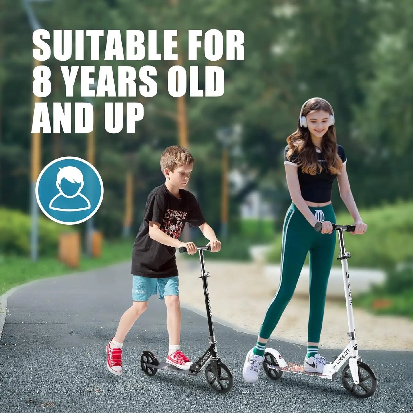 Scooter for Ages 14+ Teens & Adults, Foldable Kick Scooter with 8-inch Big Wheels, Kickstand, 3 Adjustable Levels, Rear Brake, M