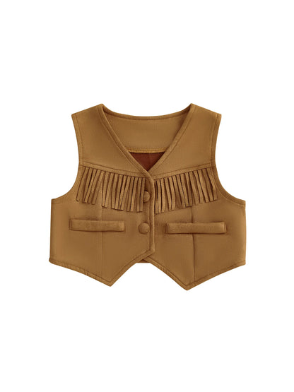 Kids Faux Leather Fringe Vest Vintage Style Sleeveless Jacket Button Front Western Cowgirls Waistcoat V-Neck Toddler Boys Girls