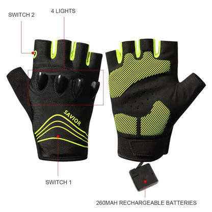 Savior Outdoor Sports Cycling Gloves Half Finger LED Gloves Nightview Rechargeable Flashlight Luminous Breathable Summer Spring