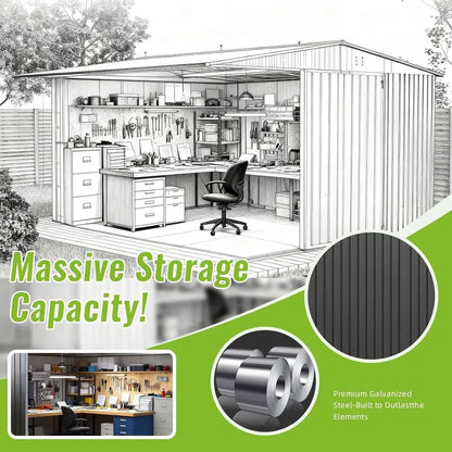 14x12 Outdoor Storage Shed: Metal Garden Tool Shed with Weathered Structure and Lockable Door, Perfect for Backyard, Patio, and