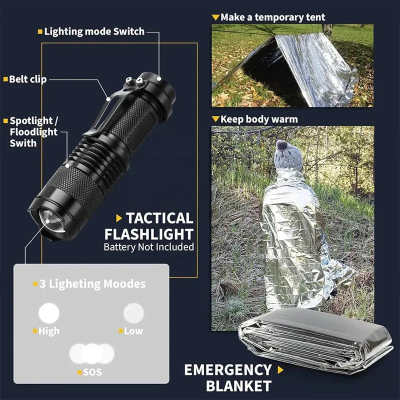 12in1 Multifunctional Emergency Equipment Outdoor Survival Kit Military Outdoor Travel Exploration Camping Tools First Aid Kits