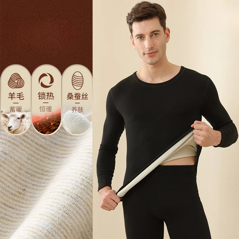 Men's Winter Underwear Set Warm Fleece Lined T Shirt Thick Crew Neck Solid Basic Pants Two Pieces Thermal Underwear Clothing
