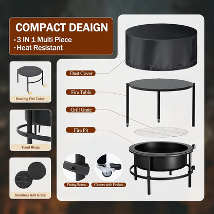 Fire Pits for Outside Wood Burning, Large Outdoor Fire Pit Stove with Roating Table and BBQ Grill, Cold Finished, Customized