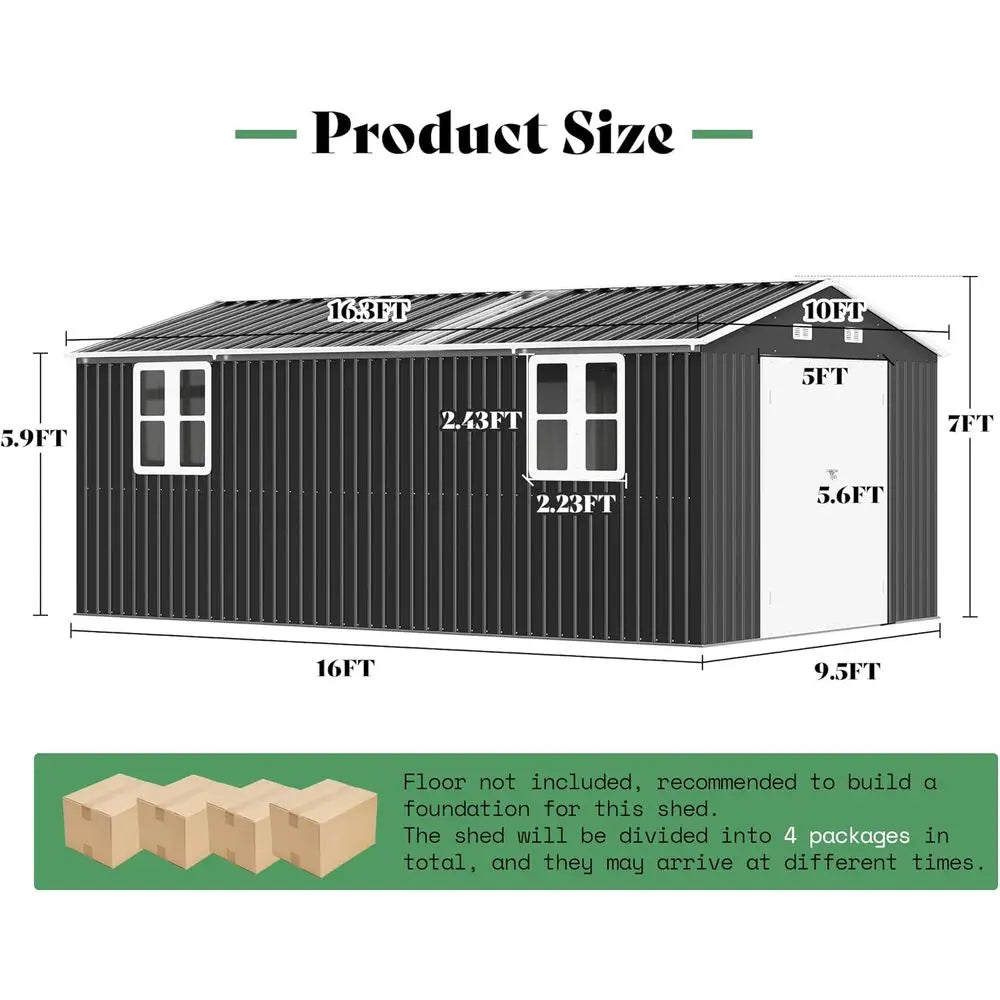 10x16x7 ft Outdoor Storage Shed with 2 Clear Panels, Metal Garden Shed with Double Doors, 4 Windows, 4 Vents, Reinforced Steel,