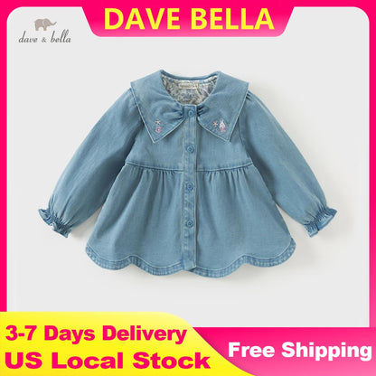 Dave Bella Spring Denim Jacket for Girls Long Sleeve Autumn Bloust Coat Children Casual Outdoor Cloak Coat DB3241442