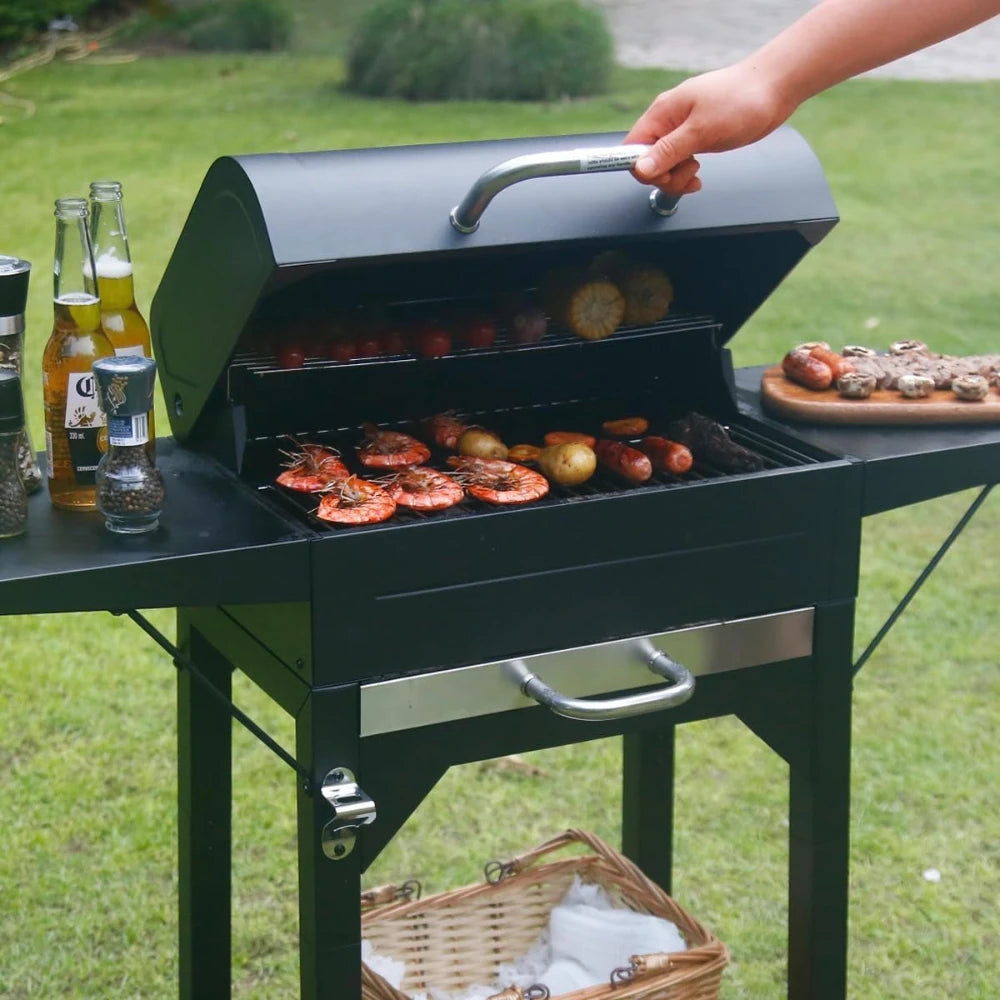 17 Inch Charcoal Grill with Two Side Tables, Outdoor Smoker BBQ Grill for Camping Patio Backyard Picnic, Black