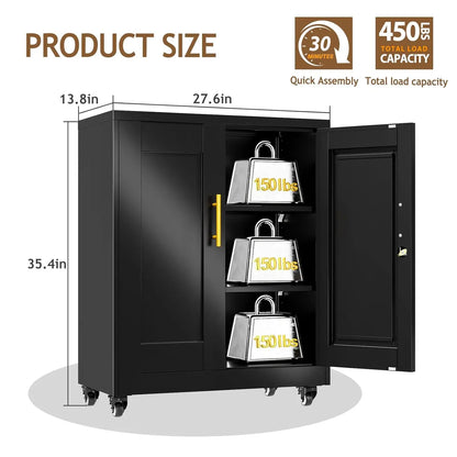 35" Metal Storage Cabinet with Lock and Wheels, Lockable Office File Cabinet with 2 Doors and 2 Adjustable Shelves, Customized