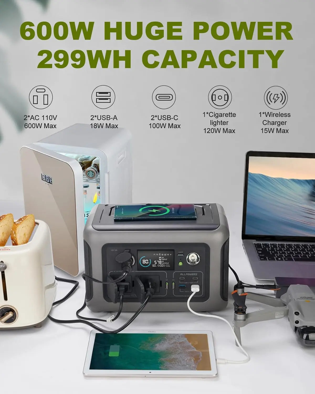 ALLPOWERS R600 Solar Generator with SolarPanel (Optional), 600W 299Wh LiFePO4 Portable Power Station with Solar Charger for Camp