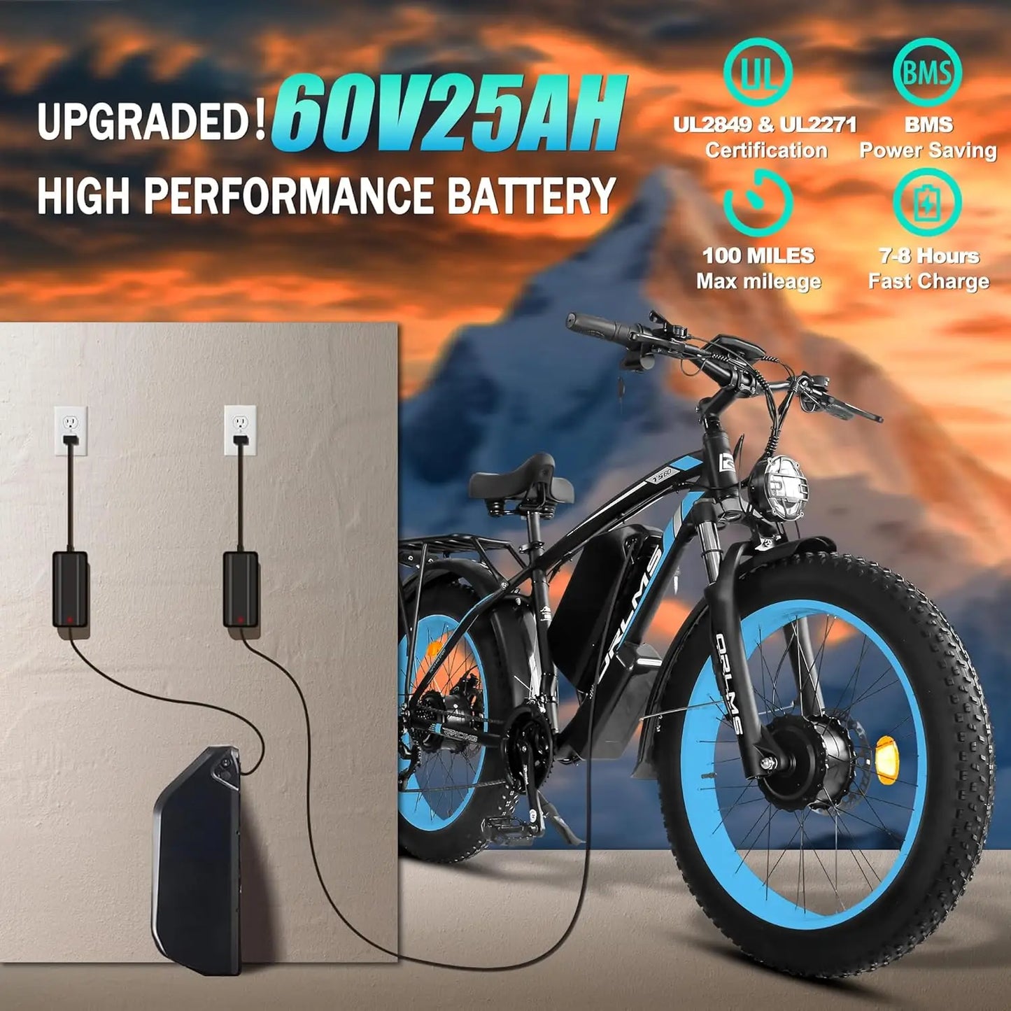 TS60 5000W Dual Motor E-Bike, 60V 25AH Battery Electric Bike for Adults, 45MPH Mountain AWD 21-Speed with 26" x 4.0 Fat Tire