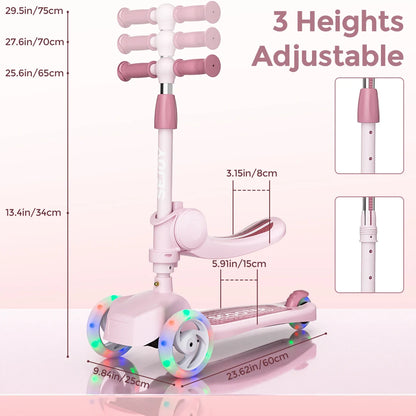 Kick Scooter for Kids with 3-Wheeled LED Lights,Adjustable Lean-to-Steer Handlebar,Foldable Seat,Sit or Stand Ride,for 3-8 Years