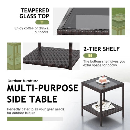 Outdoor 3 Piece Patio Furniture Set Wicker Chairs with Glass-top Coffee Table for Garden, Balcony, and Porch (Brown), Customized