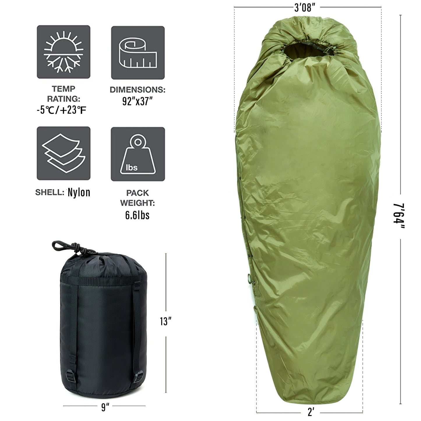 MT Military Patrol/Intermediate Sleeping Bag, Part of 4 Piece Army Modular Sleep System for All Season Olive Drab/Black