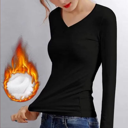 Winter Bottoming Shirt Women Thermal Underwear Solid Color German Velvet Long-Sleeved Basic T-Shirt Heating Fiber Thermal 2028