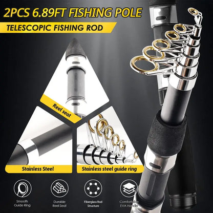 Fishing Rod Reel Kit 2pcs Collapsible Spinning Pole Reel Combo