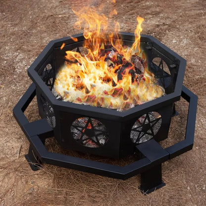 35 Inch Octagonal Fire Pit with Cooking Grill,Outdoor Wood Burning Fire Pit for Camping Outside Picnic Bonfire,Customized