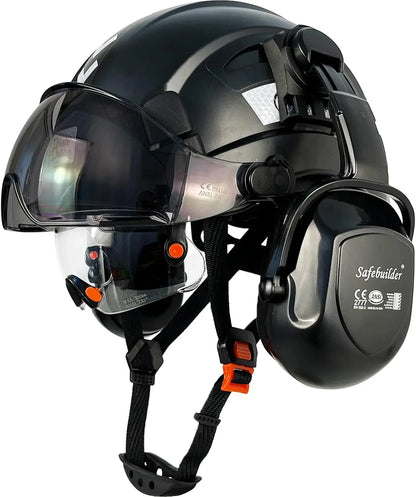 Industrial Safety Helmet with Visor and Ear Muffs, Vented Hard Hat for Construction Work Head Protection ANSI Compliant
