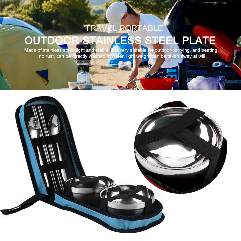 Outdtoor Tableware Set Stainless Steel Spoons Chopsticks Bowl Containers Portable Cutlery Set Outdtoor Barbecue Supplies