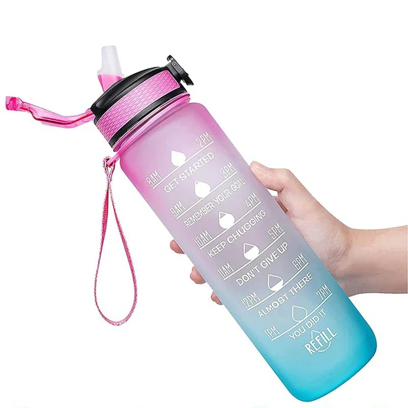 1L Sports Water Bottle Straw Cup 1 Litro with Time Maker Leak-Proof Free Frosted Cup For Outdoor Sports Drinking Bottle