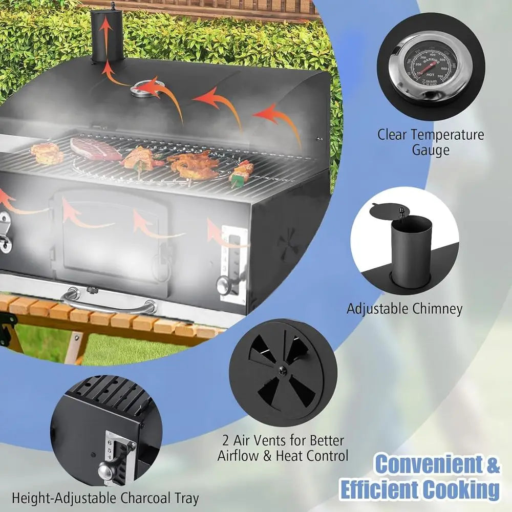 Premium Charcoal BBQ Grill with Lighted Tray, Insulated Hood, and Temperature Gauge for Outdoor Kitchens and Camping