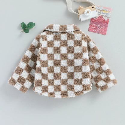 Girls Plaid Fleece Coat with Turn-Down Collar and Button Closure Long Sleeve Sherpa Jacket for Winter Warmth Toddler Kids