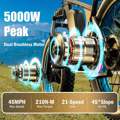 TS60 5000W Dual Motor E-Bike, 60V 25AH Battery Electric Bike for Adults, 45MPH Mountain AWD 21-Speed with 26" x 4.0 Fat Tire