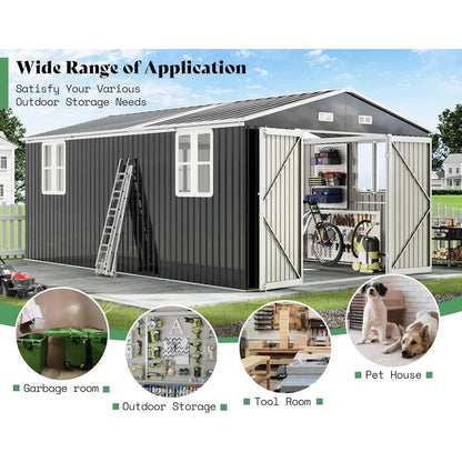 10x16x7 ft Outdoor Storage Shed with 2 Clear Panels, Metal Garden Shed with Double Doors, 4 Windows, 4 Vents, Reinforced Steel,
