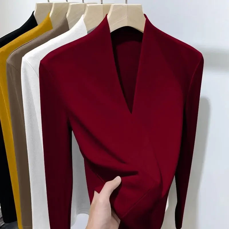 Autumn Winter New Long Sleeve T-Shirts Women Solid V-Neck Plus Velvet Thicken Warm Fashion Slim Pullovers Bottoming Shirt Tops