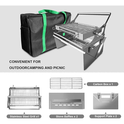 Portable 360-Degree Rotating Charcoal Grill with Lipped Basket - 304 Stainless Steel Smoker for Camping and Outdoor Adventures,