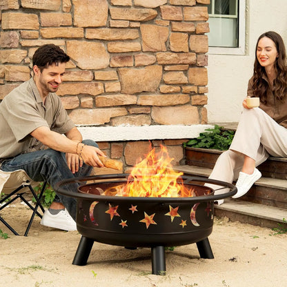 32 Inch Round Fire Pit with Mesh Cover, Fire Poker, Star and Moon Design, Metal Wood Burning Outdoor Firepit for, Customized