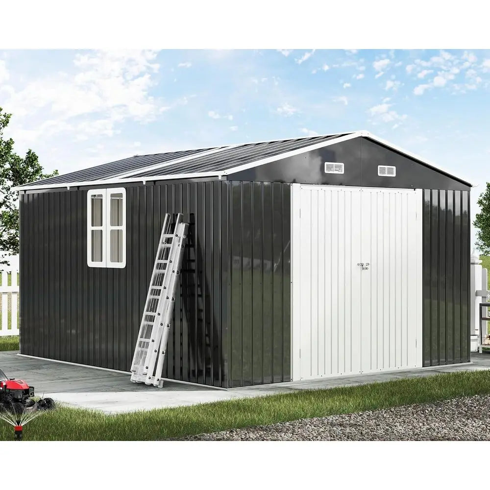 10x12x7ft Outdoor Metal Storage Shed with 2 Clear Panels, Hinged Doors, 2 Windows & 4 Vents, Reinforced Steel, Gray