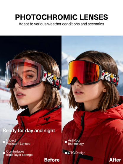 KAPVOE New Photochromic Ski Goggles Snowboard OTG Snow Glasses Magnetic Lens Men Women UV400 Double Layers Lens Anti Fog Skating
