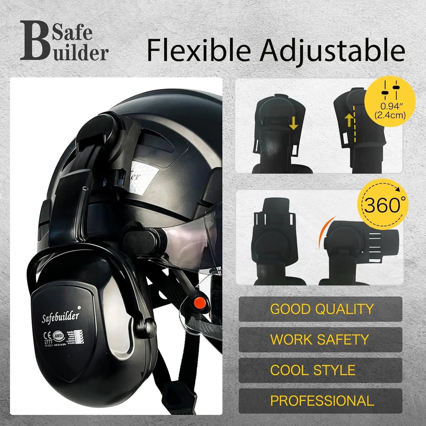 Industrial Safety Helmet with Visor and Ear Muffs, Vented Hard Hat for Construction Work Head Protection ANSI Compliant